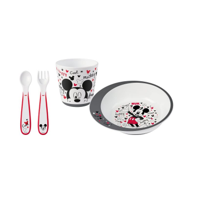 Conjunto infantil Mickey Mouse com copo, prato e talheres em branco, vermelho e preto