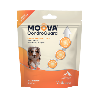 Embalagem de suplemento para cães MOOVA CondroGuard, branco e laranja