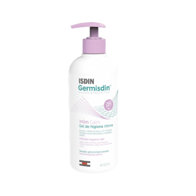 Frasco branco com doseador rosa de gel de higiene íntima ISDIN Germisdin