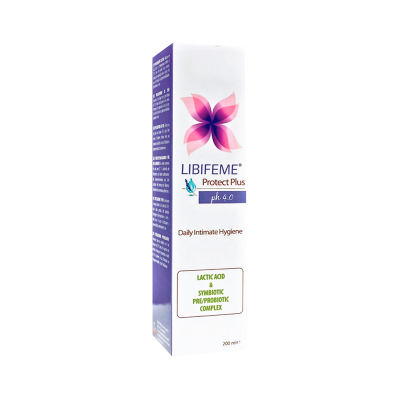 Caixa de produto Libifeme Protect Plus com texto e logótipo floral