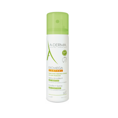 Spray emoliente A-DERMA EXOMEGA CONTROL numa embalagem branca com tampa verde