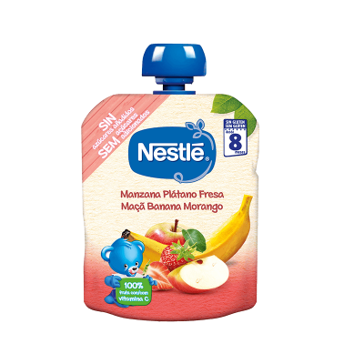 Embalagem Nestlé para alimentação infantil Maçã Banana Morango com fundo creme e rosa e tampa azul
