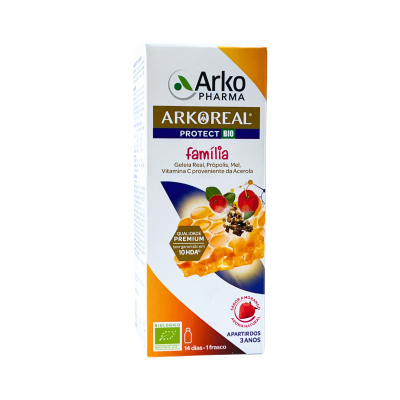 Caixa de suplemento alimentar Arko Pharma ARKOREAL PROTECT BIO família com imagem de favo de mel e cerejas