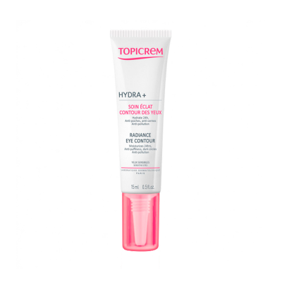 Tubo branco com tampa rosa do creme para contorno dos olhos TOPICREM Hydra+