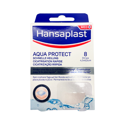 Embalagem de penso rápido Hansaplast Aqua Protect com 8 tiras em branco e azul
