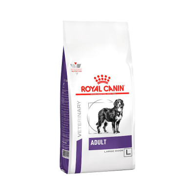 Saco branco e roxo de ração Royal Canin para cães adultos grandes.