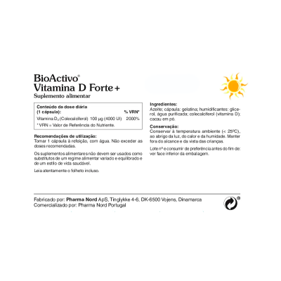 Etiqueta de suplemento BioActivo Vitamina D Forte+ com informações de dose, ingredientes e fabricante