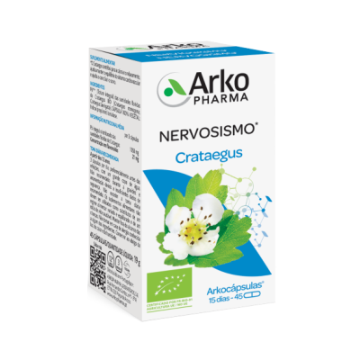 Caixa de suplemento alimentar Arko Pharma Crataegus para nervosismo com imagem de flor branca e selo verde de certificação