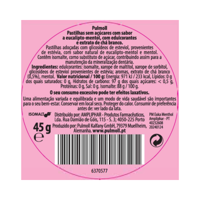 Etiqueta rosa redonda com texto em português sobre pastilhas Pulmoll