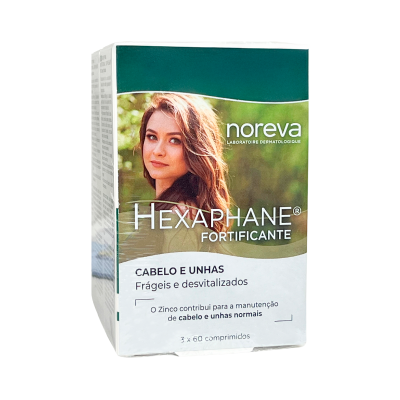Embalagem Noreva Hexaphane Fortificante para cabelo e unhas com imagem de mulher