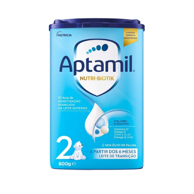 Embalagem de leite de transição Aptamil Nutri-Biotik 800g azul e branca com tampa azul