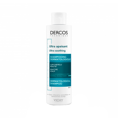 Frasco branco do shampoo dermatológico Dercos Technique Ultra Apaisant da Vichy