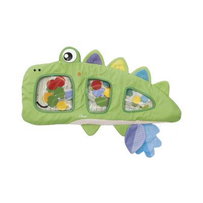 colchão brinquedo verde em forma de dinossauro com peças coloridas