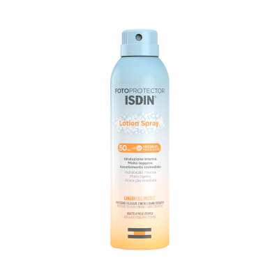 Frasco spray fotoprotetor ISDIN SPF 50 azul e laranja