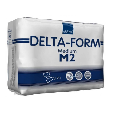 Pacote branco e azul de produtos absorventes ABENA DELTA-FORM Medium M2 com 20 unidades