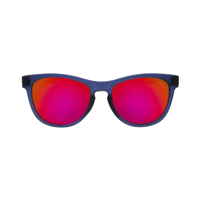 Óculos de sol com armação azul escura e lentes vermelhas e rosa