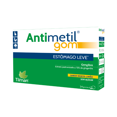 Embalagem de Antimetil gom em verde, branco e azul com texto e logótipo Tilman
