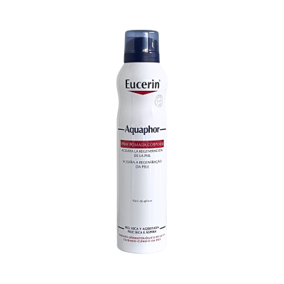 Frasco branco com tampa azul de spray Eucerin Aquaphor para pele seca