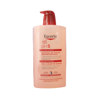 Frasco rosa com tampa vermelha de gel e óleo de duche Eucerin pH 5