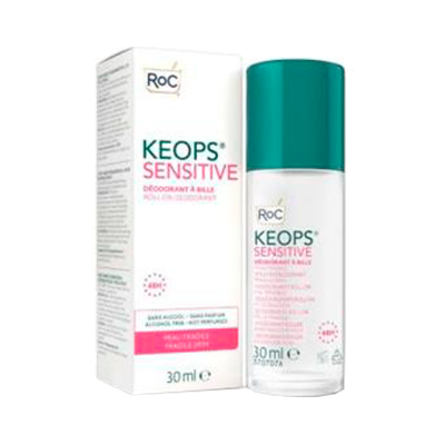 Desodorizante roll-on Keops Sensitive da RoC com caixa branca e tampa verde