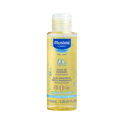 Garrafa de óleo de massagem Mustela com líquido amarelo e rótulo azul e amarelo