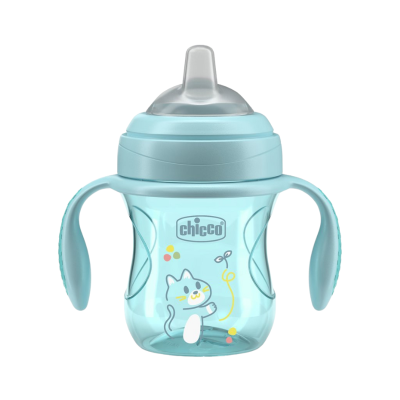 Copo de treino azul transparente Chicco com desenho de gato e pegas