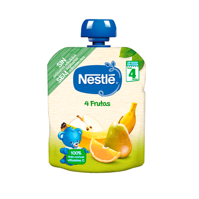 Pacote flexível de puré de fruta Nestlé 4 Frutas com tampa azul e imagens das frutas na frente