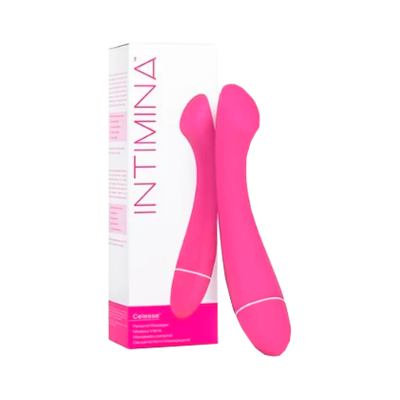 Vibrador rosa em silicone ao lado da embalagem branca e rosa com texto INTIMINA e Celisse™.