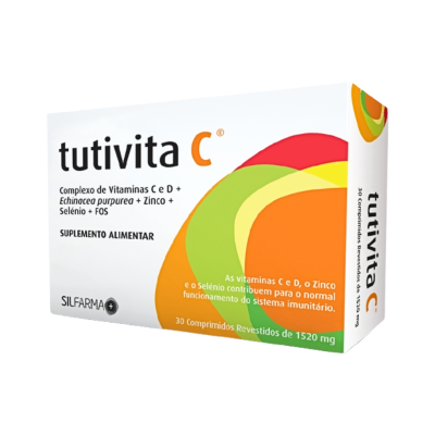 Embalagem de suplemento alimentar tutivita C com design colorido e texto informativo