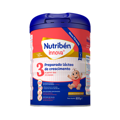 Lata de preparado lácteo Nutriben innova com imagem de bebé e tampa azul