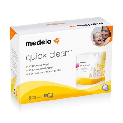 Embalagem branca e amarela de sacos para micro-ondas Medela Quick Clean com imagem de bebé e mãe