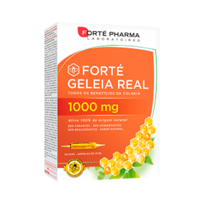 Embalagem branca e laranja do suplemento Forte Geleia Real com ilustração de favos de mel