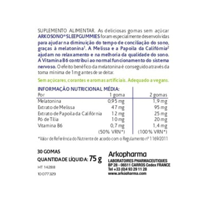 Etiqueta de suplemento alimentar ArkoSono Sleep Gummies com ingredientes e valores nutricionais