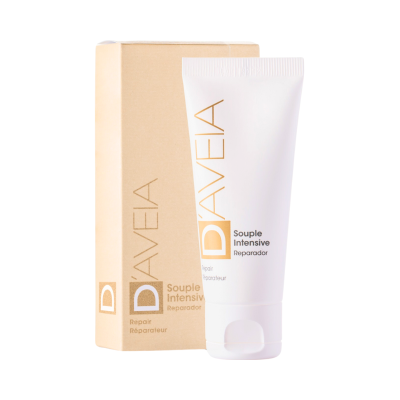 Produto cosmético Da Veja Souple Intensive Reparador em caixa castanha com bisnaga branca