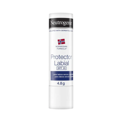 Protetor labial Neutrogena branco com texto azul e preto