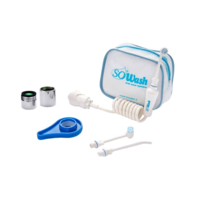 Kit de irrigação bucal com acessórios e bolsa de transporte branca e azul SOlwash