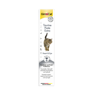 Embalagem do suplemento GimCat Taurine Paste Extra para gatos, branco com letras pretas e amarelas, imagem de gato cinzento, texto em inglês e alemão