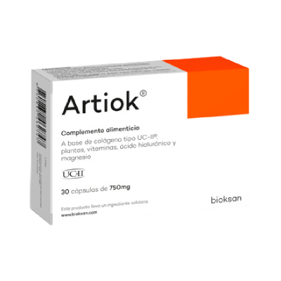 Embalagem branca e laranja de suplemento alimentar Artiok com texto em castelhano
