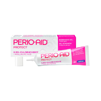 Gel bioadesivo Perio•Aid Protect em tubo branco e rosa com embalagem branca e rosa