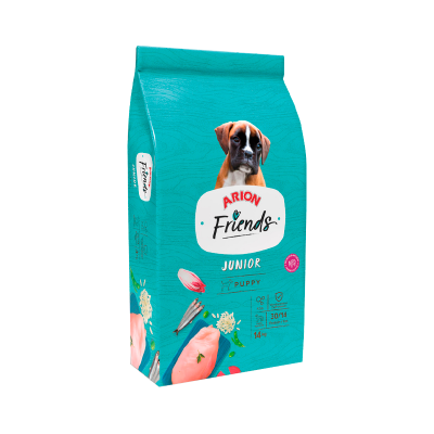 Pacote azul de ração para cães com imagem de cachorro e texto ARION Friends Junior Puppy