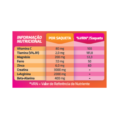 Tabela nutricional com quantidades de vitaminas e minerais por saqueta