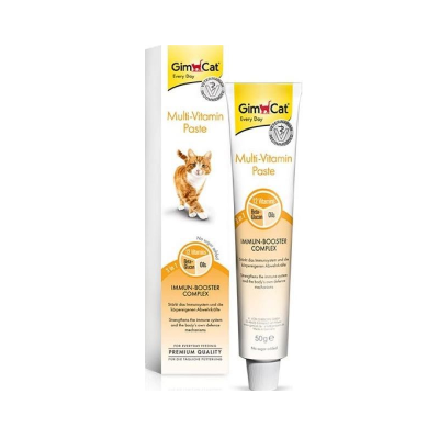 Bisnaga e caixa do suplemento vitamínico GimCat para gatos