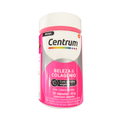 Frasco de suplemento Centrum Beleza & Colagénio em branco e rosa.
