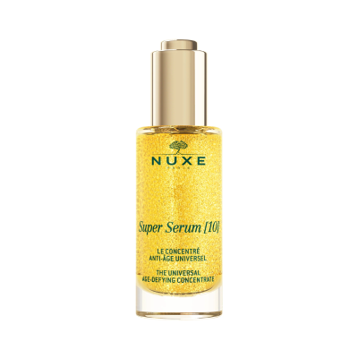 Frasco de sérum amarelo com tampa dourada e texto NUXE Super Serum [10]