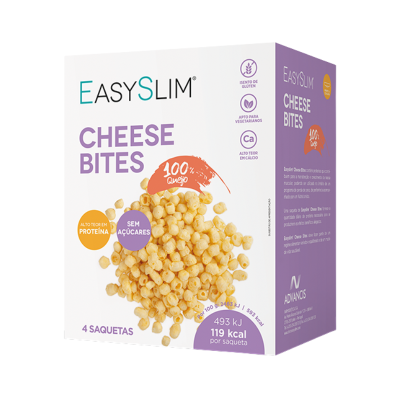 Embalagem EasySlim Cheese Bites com snacks dourados, texto informativo e fundo branco e roxo