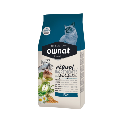 Saco de ração Ownat Classic Fish para gato com imagens de peixe, frutas e legumes