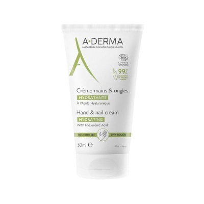 Creme hidratante para mãos e unhas A-DERMA em embalagem branca com texto verde e preto.