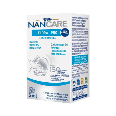 Embalagem branca e azul do suplemento alimentar NANCARE FLORA-PRO da Nestlé com texto em várias línguas.