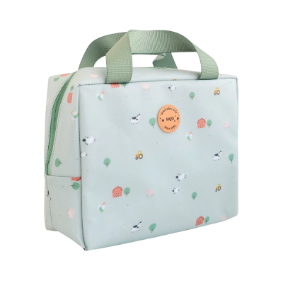 Bolsa térmica azul claro com padrão de quinta e pega verde