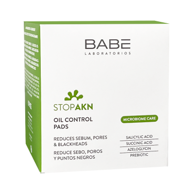 Produto BABE Laboratorios StopAkn Oil Control Pads em caixa branca e verde